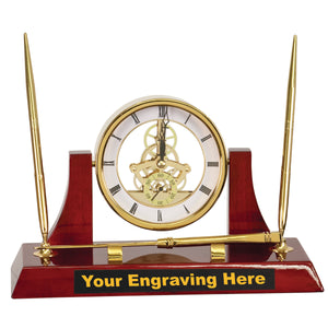 Executive Gold/Rosewood Piano Finish Clock w/2 Pens/Letter Opener - 10 1/2" x 6"