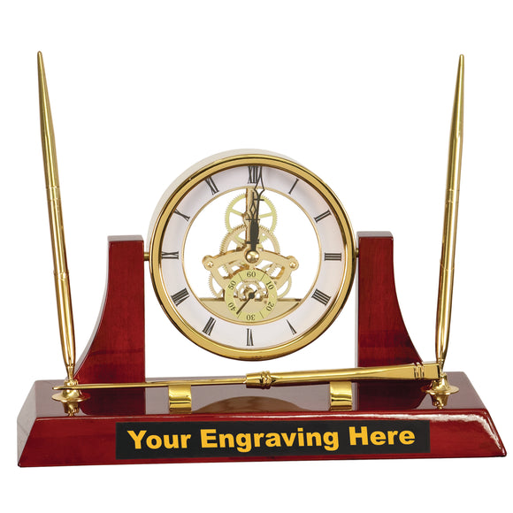 Executive Gold/Rosewood Piano Finish Clock w/2 Pens/Letter Opener - 10 1/2