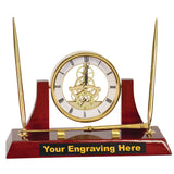 Executive Gold/Rosewood Piano Finish Clock w/2 Pens/Letter Opener - 10 1/2" x 6"